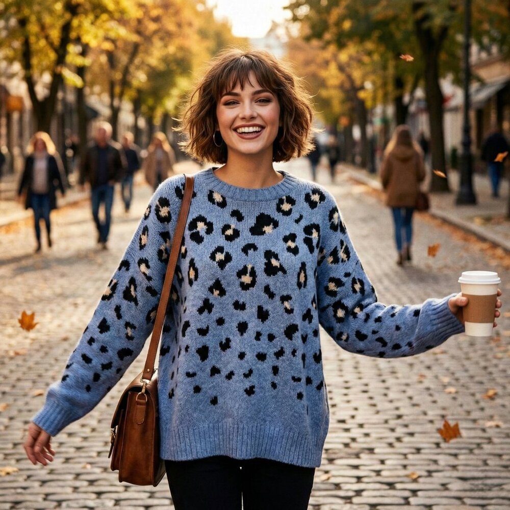 Nine West Women’s L Refined Knit Blue Leopard Sweater Quiet Luxury Layering